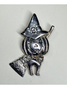 MJ Vintage Signed Halloween Pumpkin Black Cat Witch Broom Brooch Pin 3"‎